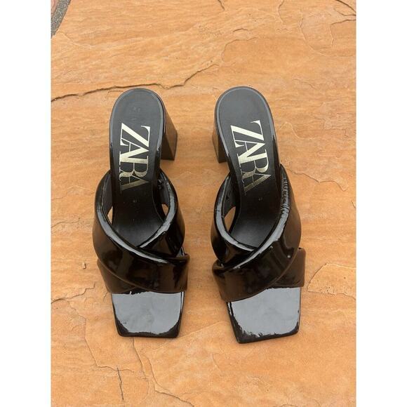Zara Shoes - ZARA BLACK LEATHER SQUARE TOE SANDALS HEELS Size 10 41 EU